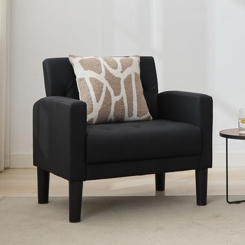 Black Leather Accent Chair, Tufted Reading Armchair by TYBOATLE