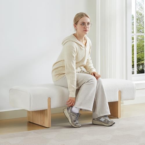 Upholstered End of Bed Bench, Solid Wood Legs & Soft Teddy Fabric - Image 6