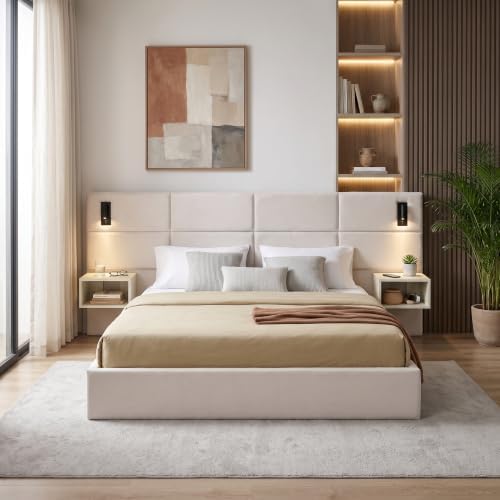 King Size Bed Frame with LED Lights and Floating Shelves, Modern Chenille - Image 4