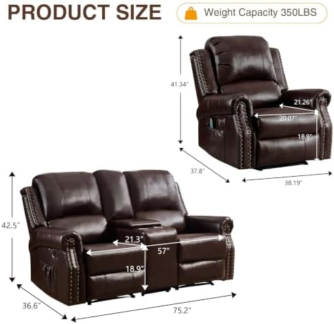 CANMOV Power Reclining Sofa Set, Faux Leather Electric Recliner Loveseat and 2 - Image 2