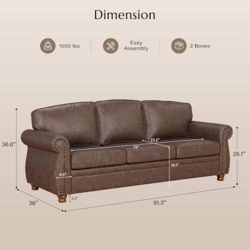 Traditional Faux Leather Couch Sofas - Image 2