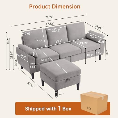 Convertible Sectional Sofa, Linen Upholstered 3 Seat Sofa - Image 2