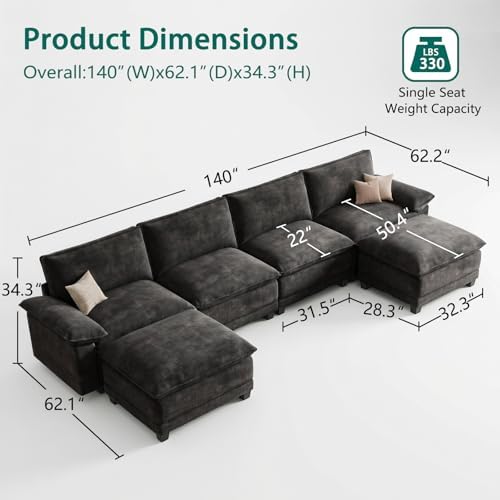 140" Modular Sectional Couch, U Shaped Cloud Sofa - Image 2