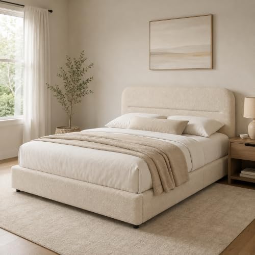 HOMBCK Queen Bed Frame, Cream Boucle Upholstered Platform Bed by HOMBCK
