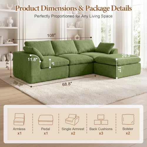 108" Cloud Sectional Couches for Living Room, Oversized Boneless Modular L - Image 2
