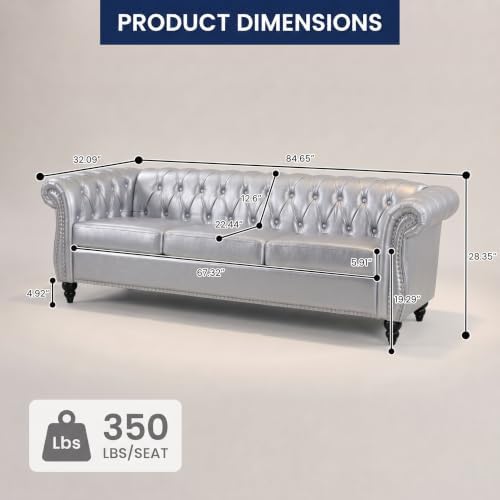 3 Seat Chesterfield Sofa, Faux Leather Couch - Image 2