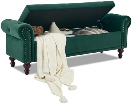SOFTHION 58.1" Storage Bench for Bedroom, Velvet Upholstered, Dark Green by SofthionDesign