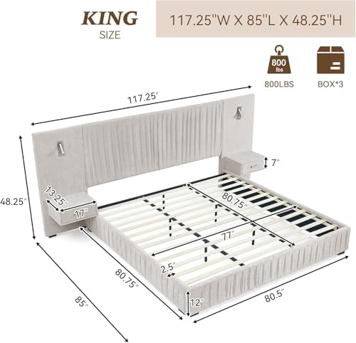 King Size Bed Frame with LED Lights and Nightstands, Modern Chenille - Image 2