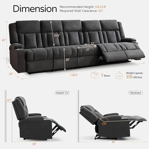 Recliner Sofa with Cup Holders, 5-Seater Fabric Reclining Couch, Manual - Image 2