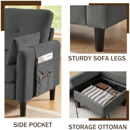 3 Piece Sectional Sofa Set, 3 Seat Couch & Loveseat & Ottoman, Dark Grey - Image 4