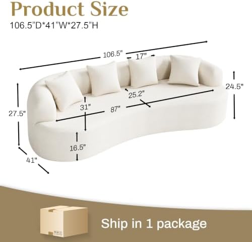 Modern Curved Couch, Oversized 4 Seater Boneless Chenille Sofa, Cream White - Image 2