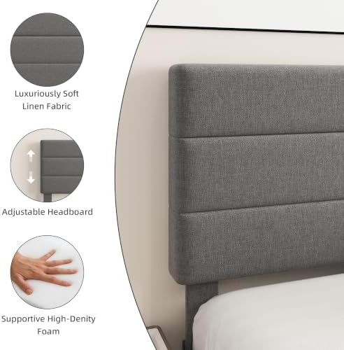 Queen Platform Bed Frame with Adjustable Linen Fabric Upholstered Headboard - Image 3