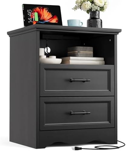 YANSNWO Black Nightstand with Charging Station, 19.7" 2-Drawer End Table by YANSNWO