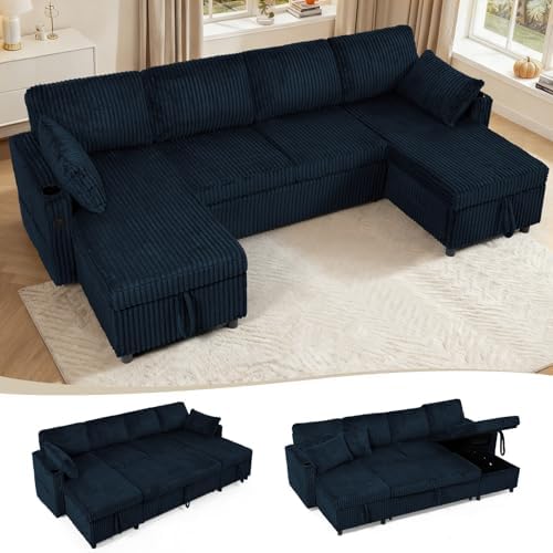 110" Corduroy Pull Out Sofa Bed w/Adjustable Backrests by LESOFAIR