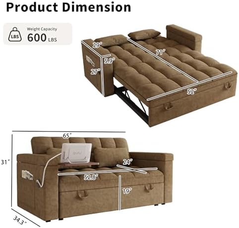 3 in 1 Convertible Sleeper Sofa, 65in Sleeper Couch - Image 2