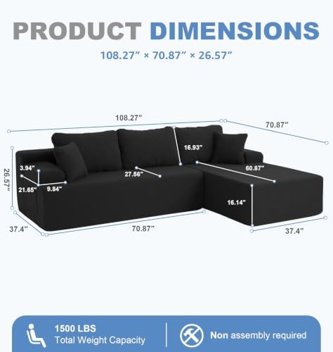 Hobestluk Boneless Couches Modular Sectional Sofa L-Shape Oversized Chaise - Image 2