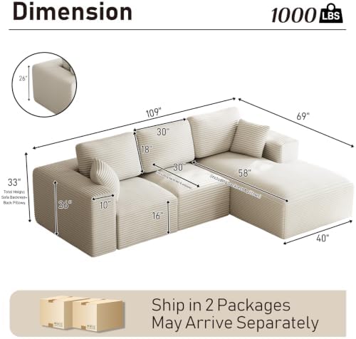 ONEMMLION 109" L-Shaped Cloud Boneless Couch Sofa - Image 3
