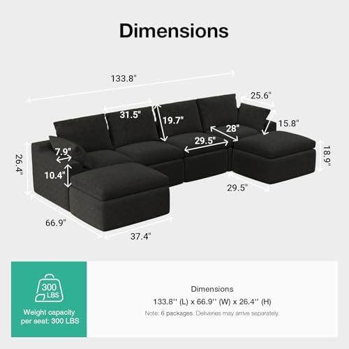 Novilla 133.8" Modular Cloud Couch, Modern Sectional Sofa - Image 2
