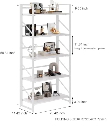 JSB No Assembly Folding Bookshelf, 5 Tier Industrial Metal Book Shelf - Image 3