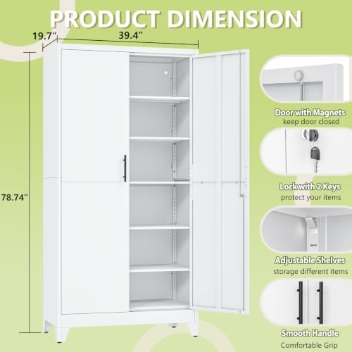 White Kitchen Pantry Cabinets, 79 Metal Lockable Storage - Image 2