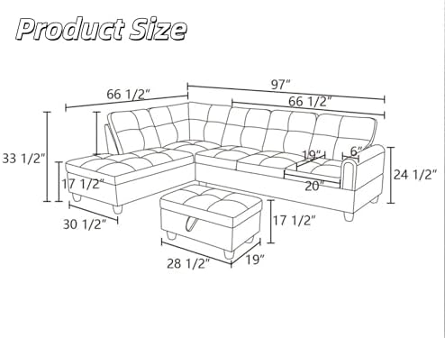 L-Shaped Sectional Sofa with Movable Chaise & Storage Ottoman, Leather 3-Piece - Image 2