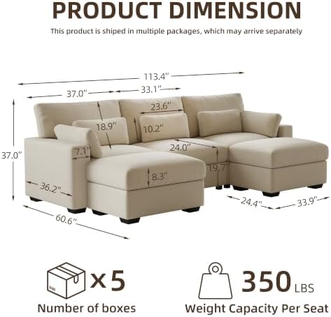 WorthFurni 113.4'' Modular Sectional Sofa, U Shaped Oversized Extra Deep Couches - Image 2