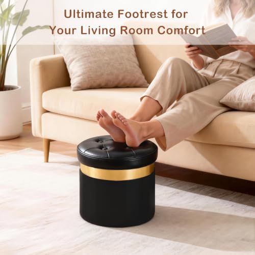 xuperbonus Small Ottoman with Storage, Folding Round Ottoman with Gold Trim - Image 4