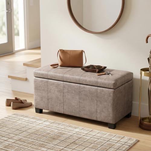 SIMPLIHOME Dover 36" Wide Vegan Leather Storage Ottoman in Grey - Image 2