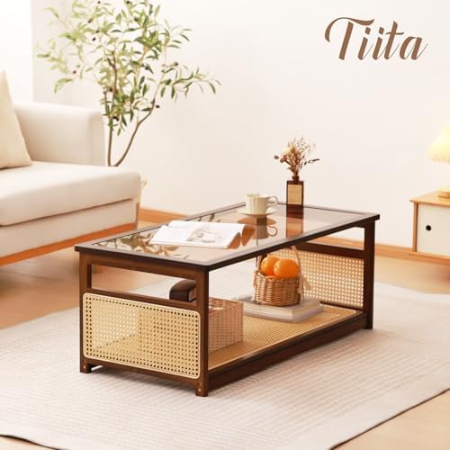 Tiita Bamboo Coffee Table, Glass Top, Rattan Storage, 2-Tier Storage - Image 2
