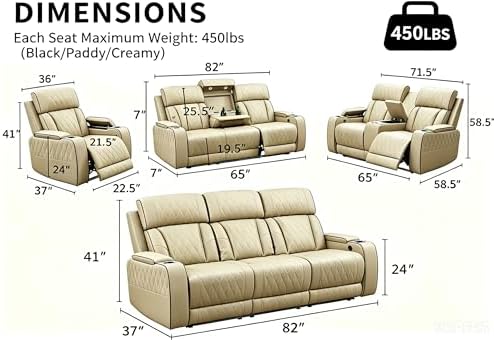 Power Recliner Sofa Set with Drop-Down Table, 3-Piece Leather Reclining Sofa - Image 2
