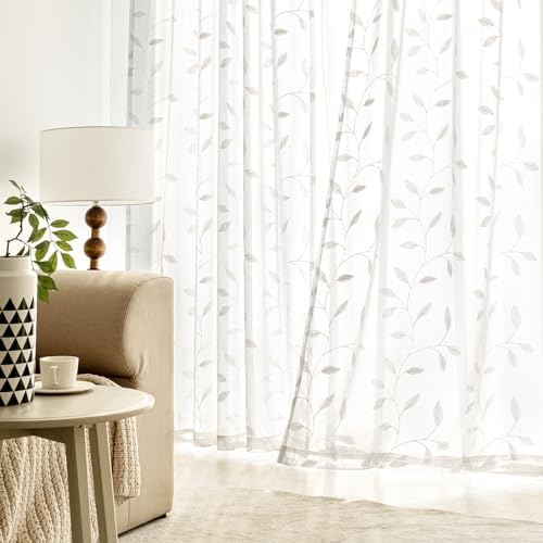 MIULEE White Sheer Curtains 2 Panels Embroidered Leaf Patterned, W52 x L63 - Image 3