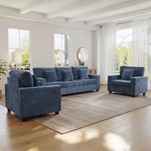 3 Seater Sofa with 2 Accent Sofa Chairs Chenille Couch Set - Image 5