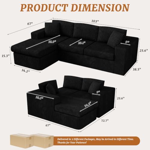 Shintenchi 103" Boneless Couch, L Shaped Modular Sectional Sofa - Image 2