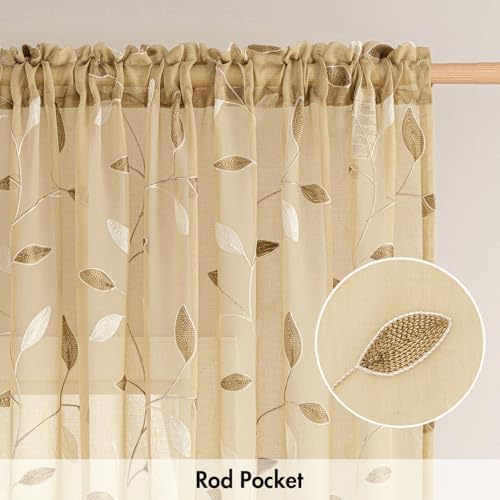 MIULEE Khaki Sheer Curtains 2 Panels Embroidered Leaf Patterned, W52 x L45 - Image 6