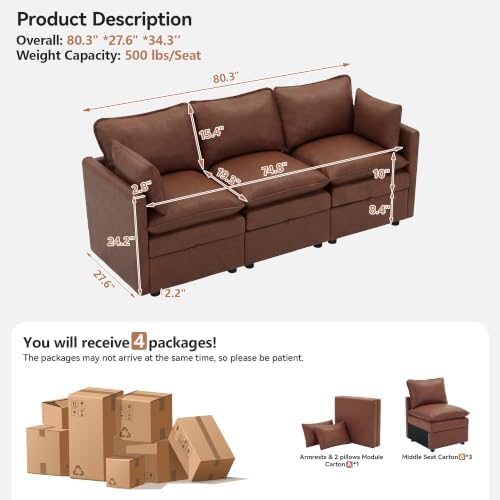 80" Brown Faux Leather Storage 3 Seater Sofa, Modular Sectional Cloud Sofa - Image 2