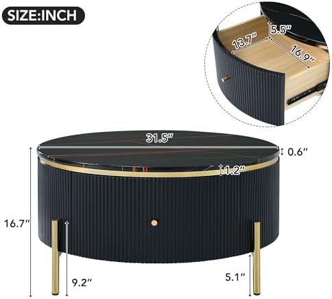 31.5" Coffee Table with 2 Storage Drawers, Round Side Table, Circle Accent - Image 2
