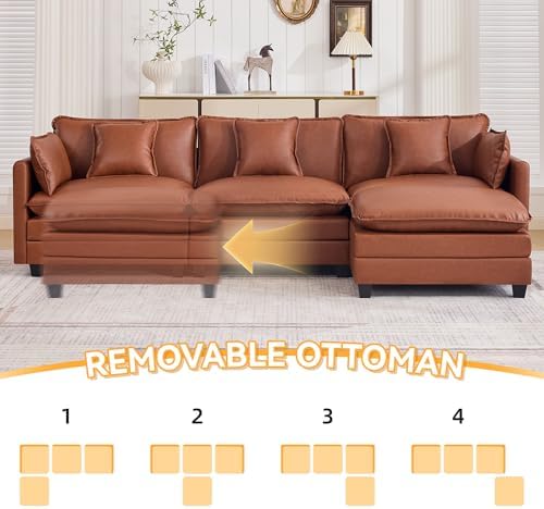 111'' Sectional Cloud Deep Seat Couch, Modern Comfy Leather L Shaped Sectional - Image 6