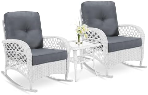 VIVIJASON 3-Piece Outdoor Conversation Bistro Set, Patio Wicker Rocking Chairs by VIVIJASON