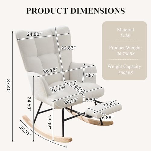 Nursery Rocking Chair with Footrest, Teddy Upholstered Glider Rocker with Side - Image 2