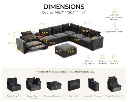 170" Modular Power Reclining Sectional 7 Seater Couch - Image 2