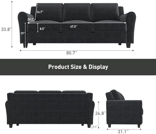 Bonzy Home 80.7" Black Couch, 3 Seater Sofa - Image 2