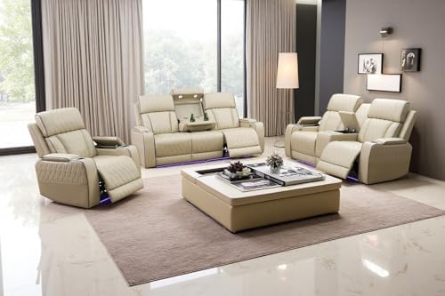 Power Recliner Sofa Set with LED, Breathing Leather Electric Reclining Couch by COSYMOORFURNITURE