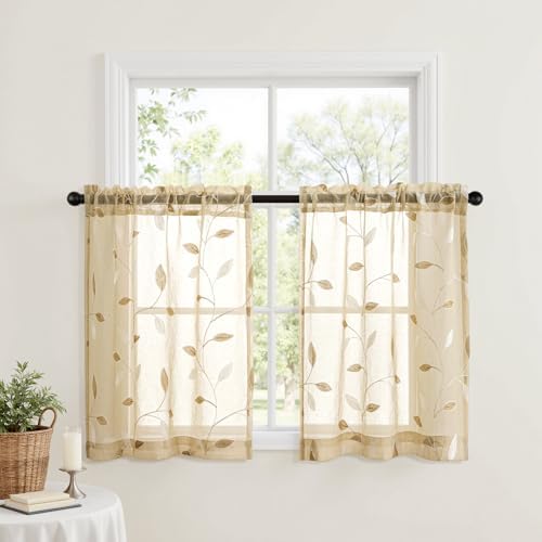 MIULEE Beige Sheer 30x36 Inches Length 2 Panels Embroidered Leaf Patterned - Image 2