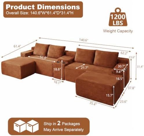 GNIXUU 140.6" Orange Boneless Cloud Sectional Couches - Image 2