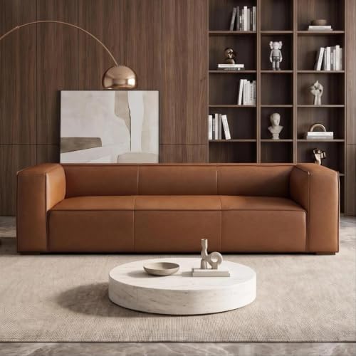 90.94-Inch Cognac Tan Faux Leather Sofa, Modern 3-Seater Couch by Alyncasa