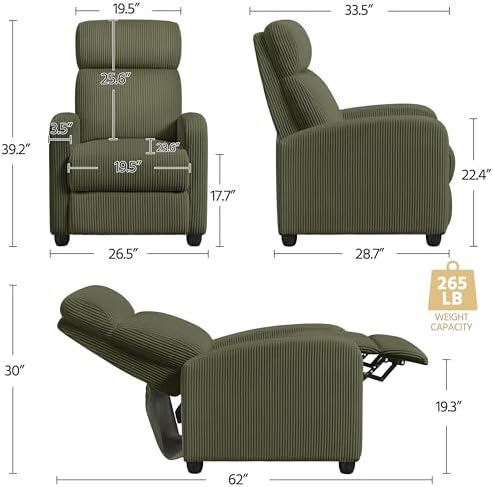 Topeakmart Corduroy Recliner Chair Home Theater Seating Dark Green - Image 3