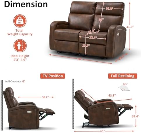 MCombo Zero Wall Recliner Loveseat, 2-Seat Power Wall Hugger Sofa - Image 3