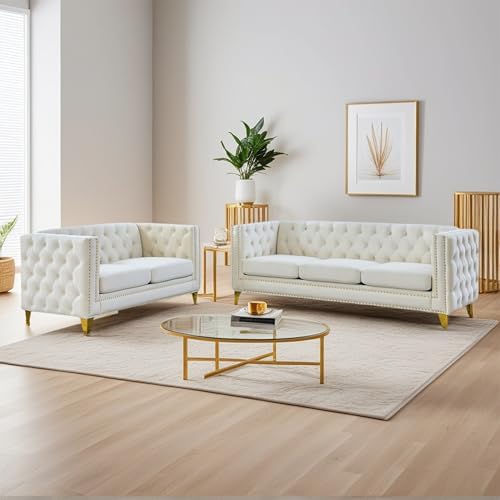 2 Piece Chesterfield Velvet Combination Sofa Set by Unknown