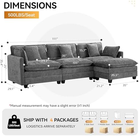 111'' Sectional Cloud Deep Seat Couch, Modern Comfy Chenille L Shaped Sectional - Image 2