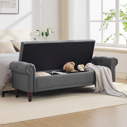 SOFTHION 67" Storage Bench for Bedroom, Linen Upholstered, Dark Grey by SofthionDesign